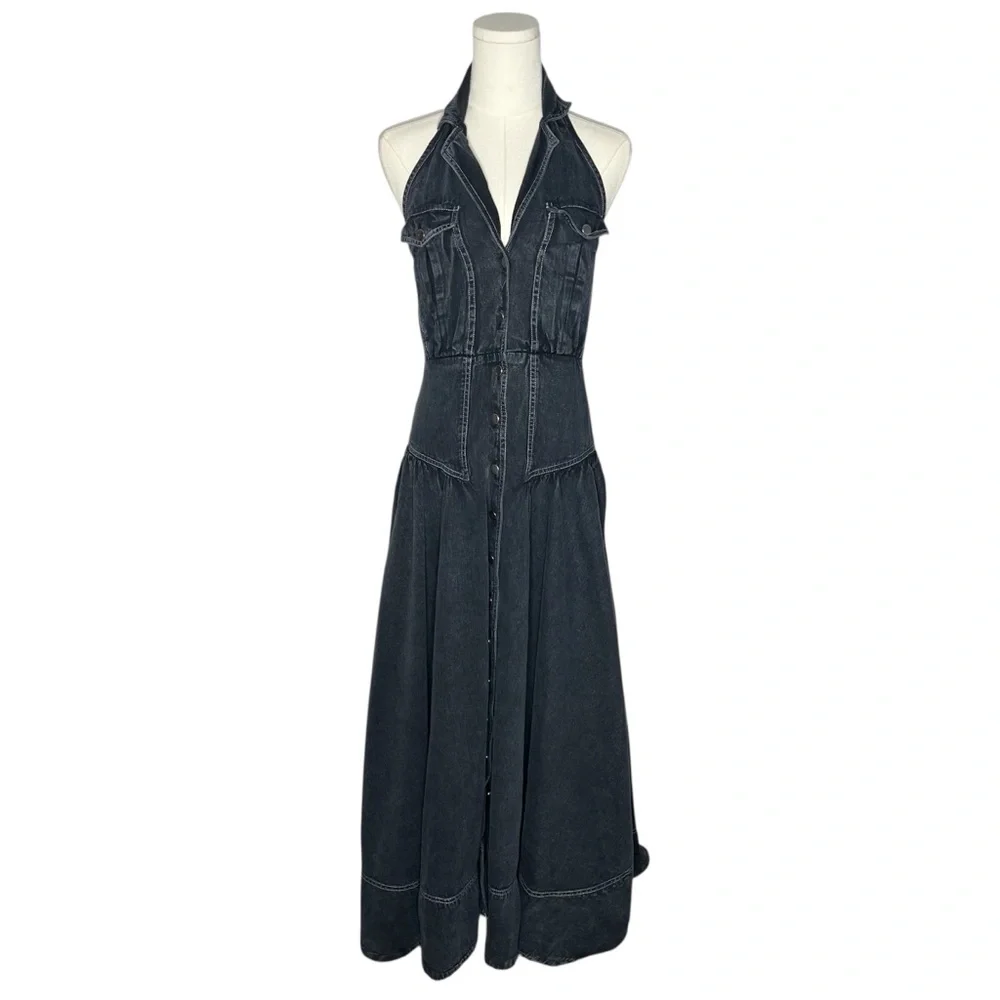 Free People Black Denim Button Down Halter Neck Backless Soundwave Maxi Dress